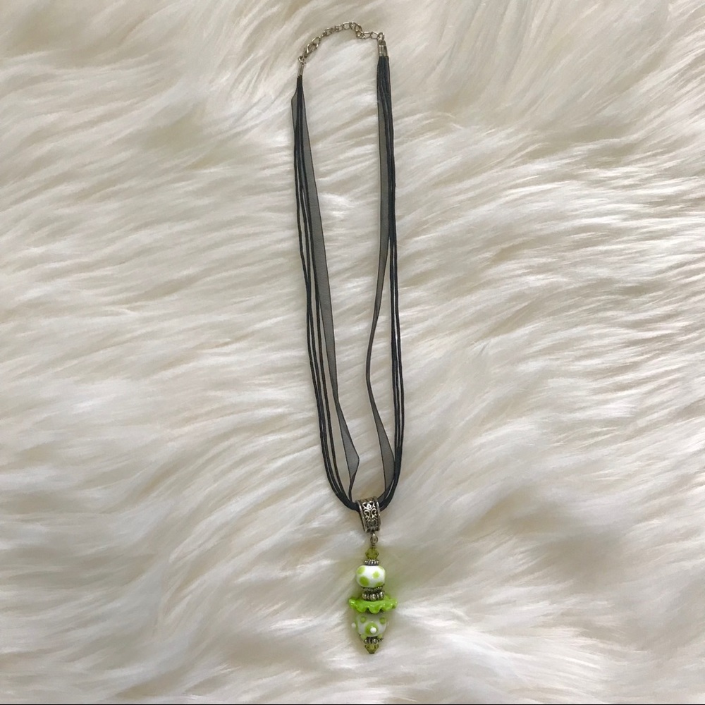 Black Ribbon w/ Silver & Green Pendant Necklace